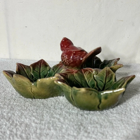 Vintage Ceramic Cardinal On  Poinsettia 3 Bowl Serving Dish - Picture 5 of 11